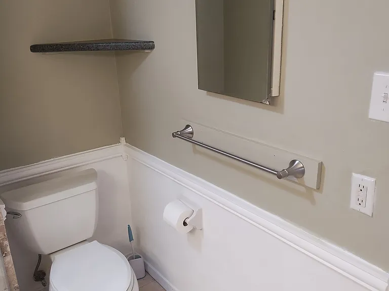 Master Bathroom Toilet, Towel Rack, Medicine Cabinet.