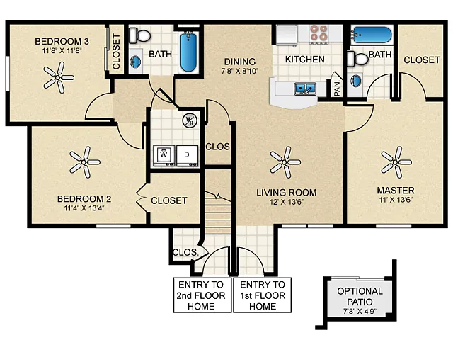 Floor plan 3 Bed, 2 Bath A (80% Income Restricted)