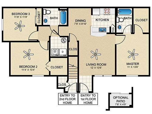 Floor plan 3 Bed, 2 Bath A (80% Income Restricted)