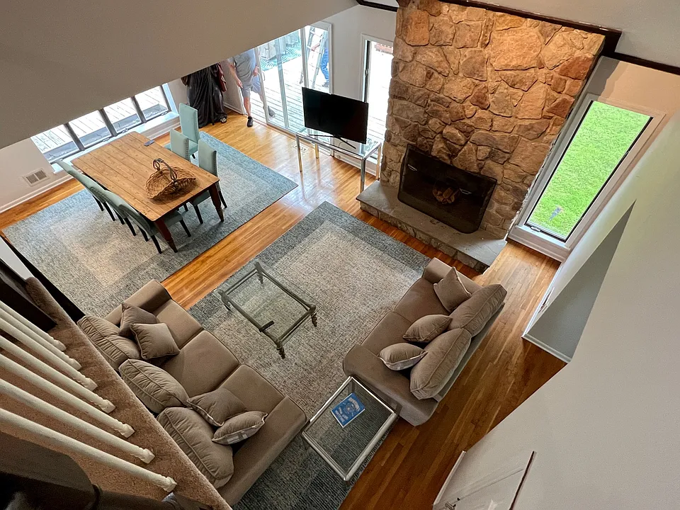 This is the keeping/family room at the back of the house with a top down view of current furnishings