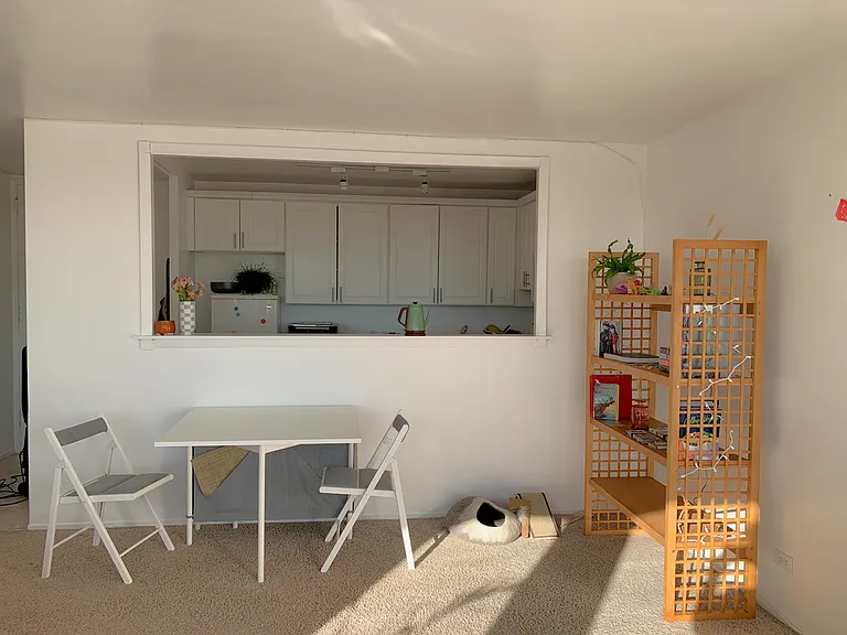 Modern kitchen configuration with cutout into living room.