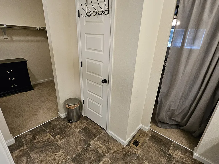 Master bath leading into walk-in closet.