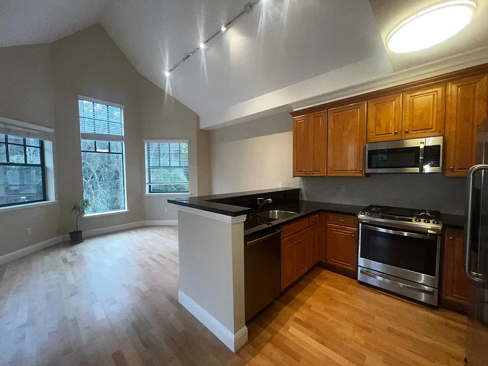 kitchen with dishwasher, oven, fridge and hood microwave