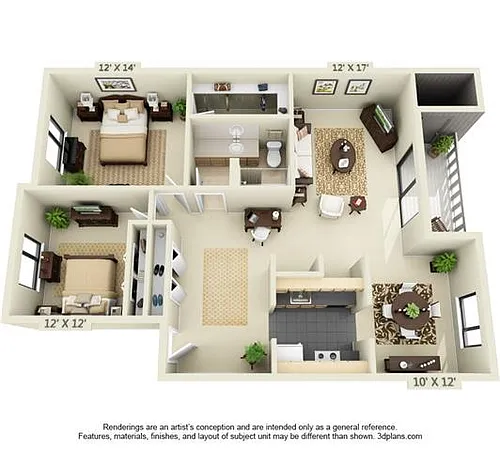 Floor plan 2 Bedroom, 1 Bathroom Style D