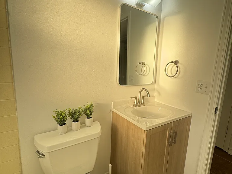 The guest bathroom has been tastefully updated with a brand-new cabinet, modern mirror and a stylish new faucet.