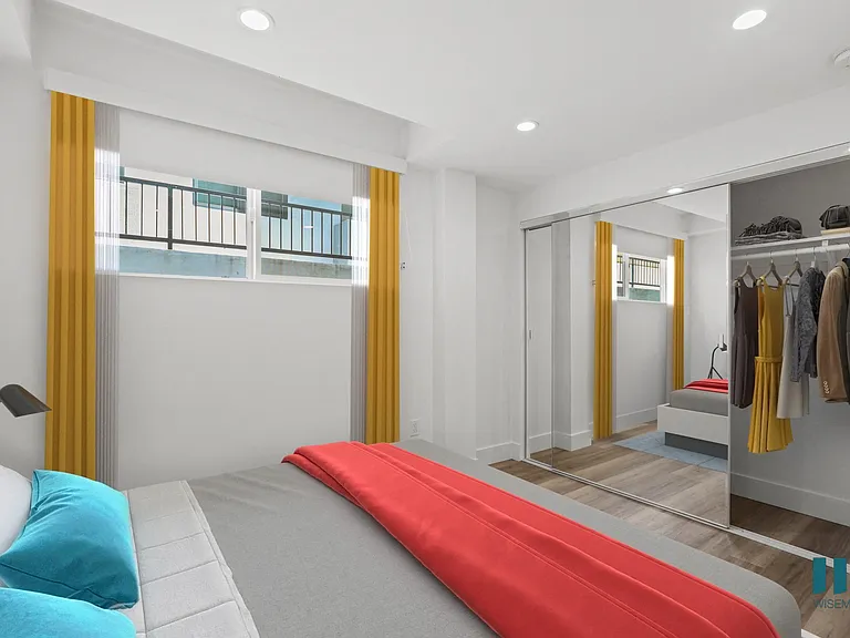Bedroom with Large-Size Mirrored Closet with Shelving