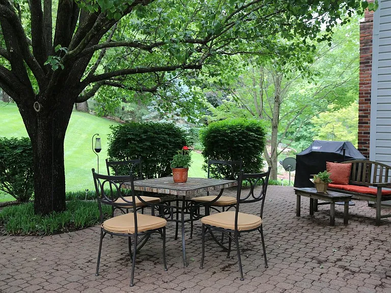 Lovely patio that overlooks park-like backyard