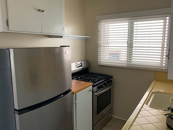 Kitchen appliances and cabinetry.