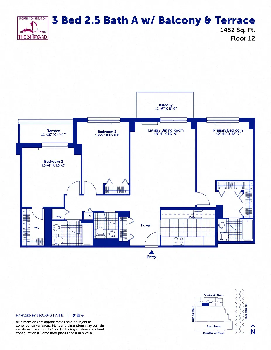Floor plan 3 Bed 2.5 Bath A with Balcony and Terrace