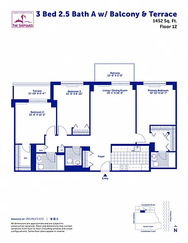 Floor plan 3 Bed 2.5 Bath A with Balcony and Terrace