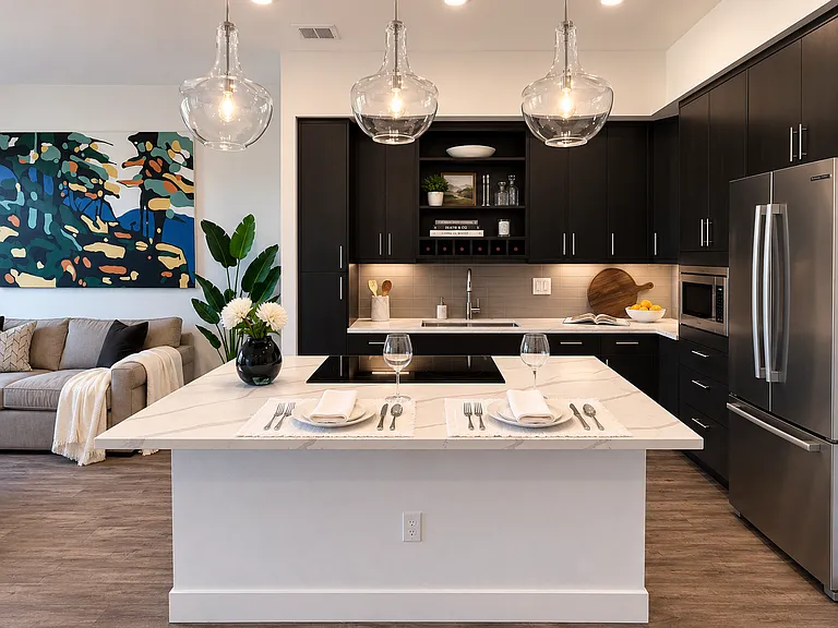 High-end Bosch Appliance package with induction cooktop, full-size oven with warmer drawer, large microwave, double-door refrigerator with large freezer drawer, and extra-quiet dishwasher.