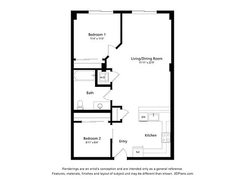 Floor plan 2 Bedroom 1 Bath A MFTE
