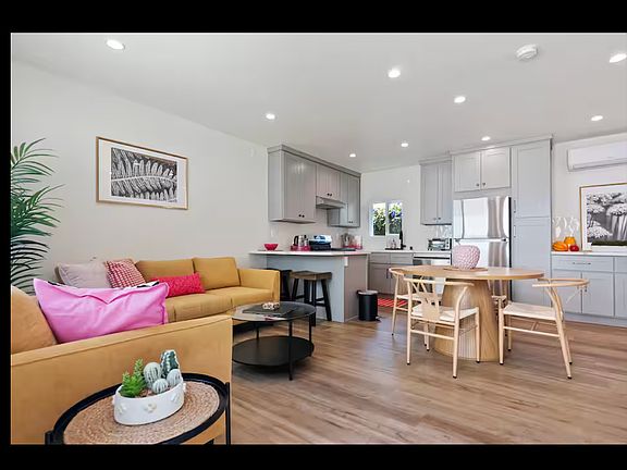 Living room, dining room and kitchen