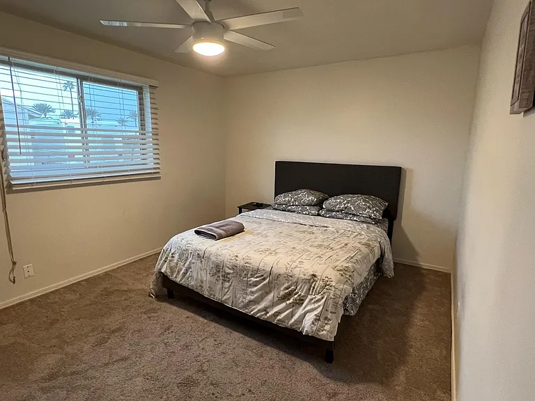 Furnished bedroom with a ceiling fan, plush carpet, and a large window with blinds for privacy and natural light.