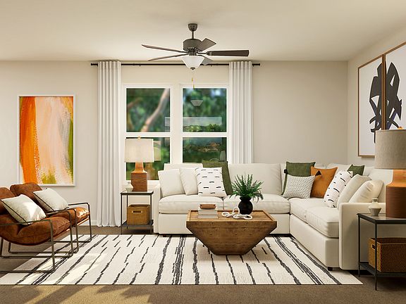 Rendering of a living room furnished with a white sectional couch across from two side chairs.