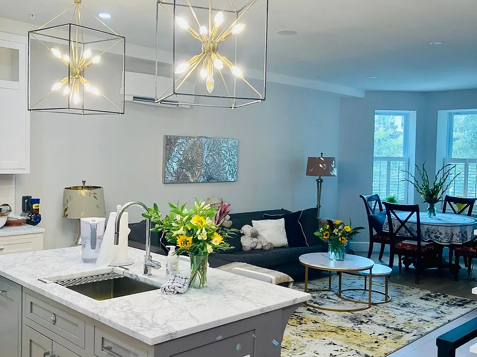 View of kitchen, living area from landing