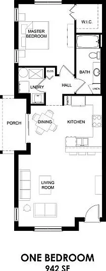 Inviting one-bedroom floor plan featuring 942 sq ft, with a spacious kitchen, cozy living room, and charming porch. Inviting one-bedroom floor plan featuring 942 sq ft, with a spacious kitchen, cozy living room, and charming porch.