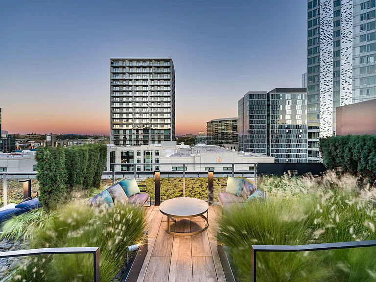 A rooftop lounge at Modera Pearl with city views, layered landscaping, and comfortable seating designed for relaxed evenings above Portland.