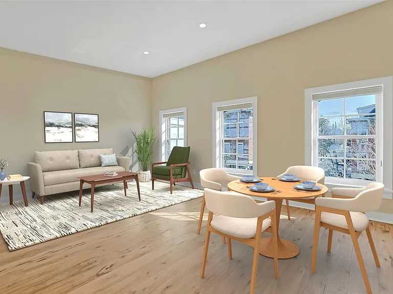Virtually staged dining and living areas with floor-to-ceiling windows
