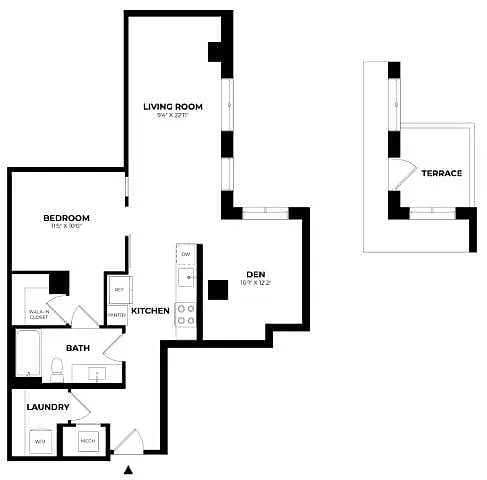 Floor plan 1 Bed/1 Bath Den-B11