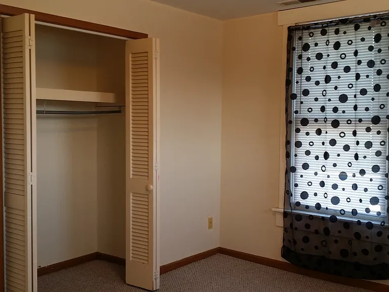 Closet and window facing alley in bedroom.