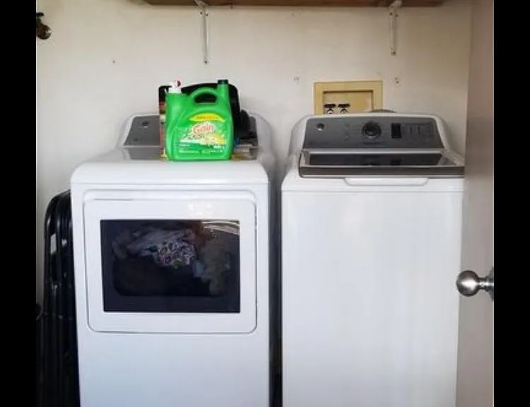 LG W/D: top loading washer and front loading dryer on the lanai.

Update: More shelving has been added, not pictured.
