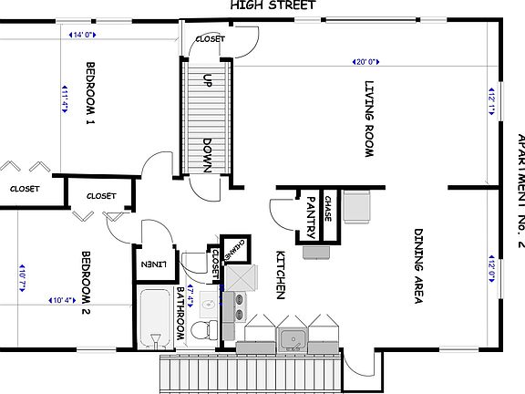 Floor plan detailing room layout and room measurements.