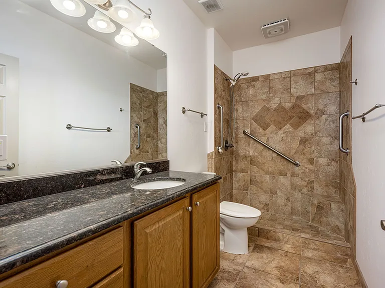 Spacious vanity, medicine cabinet, solar tube, Bluetooth shower speaker with multi-colored light and vent.