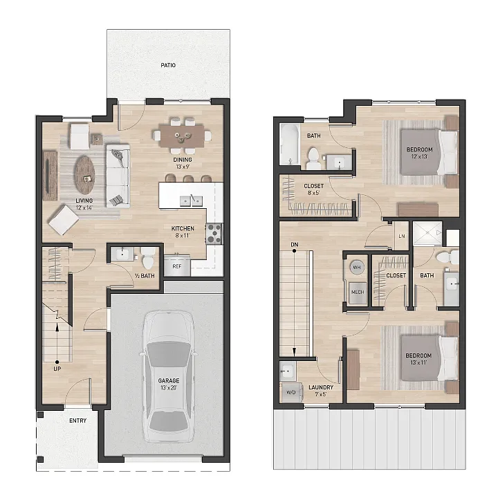 Floor plan 2 Bedroom, 2.5 Bath Townhome