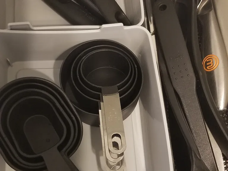 Replaced plastic measuring spoons/cups with stainless steel; can opener, cooking spoons