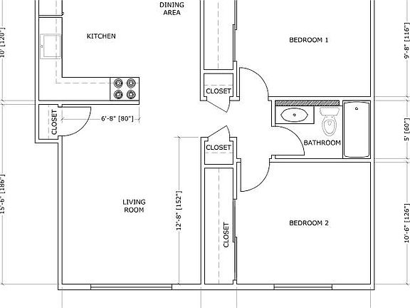 Apartment floor plan (sliding glass doors off kitchen lead to patio)