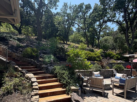 Outdoor patio with gas firepit and an acre of fenced open land.