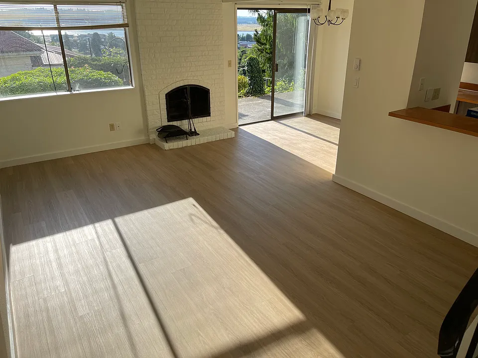 Views from Living Room, fireplace and new flooring