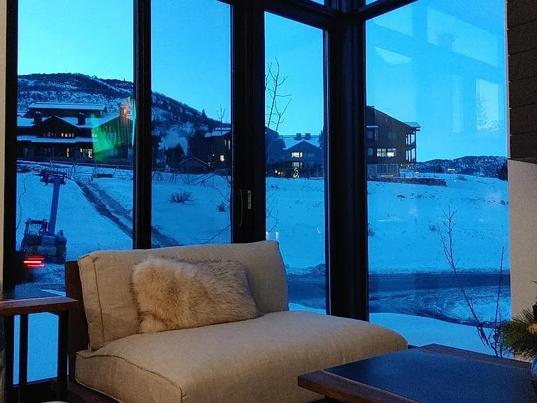 Views during sunset from living room sofa. 4 foot sled chair in velvet from RH gallery