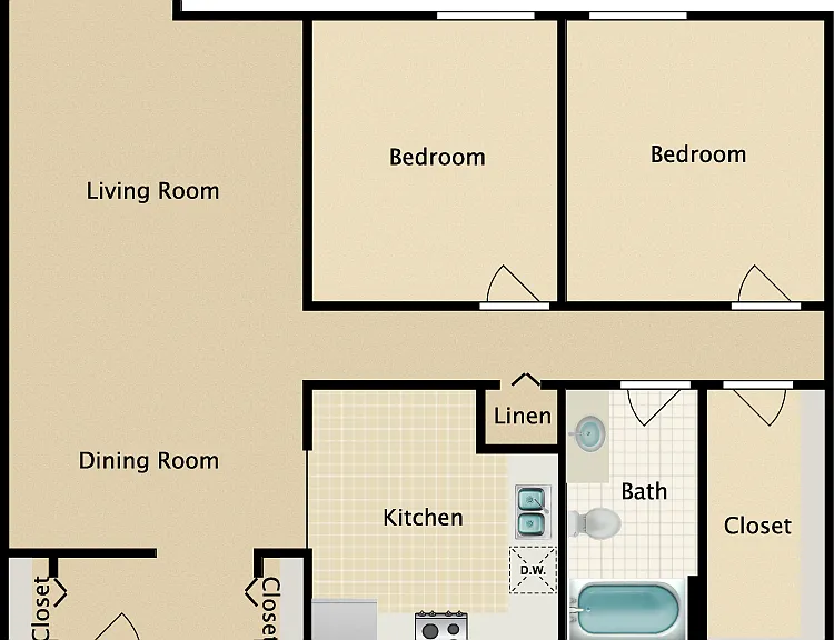 2 Bed 1 Bath Floorplan Diagram