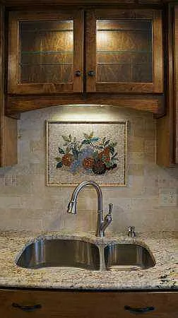 Kitchen with custom cabinets, backsplash and granite.