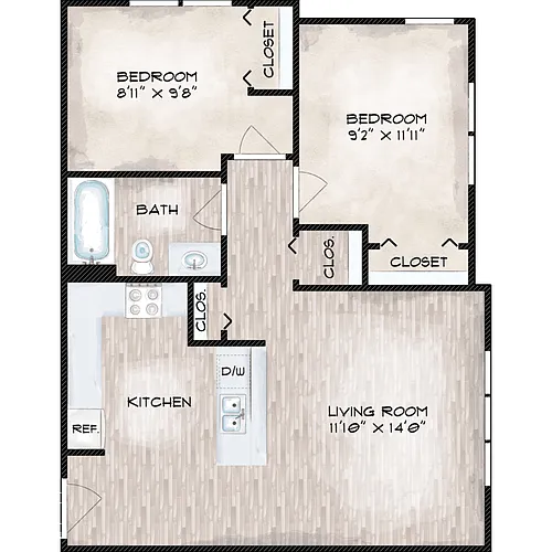 Floor plan 2 Bed 1 Bath