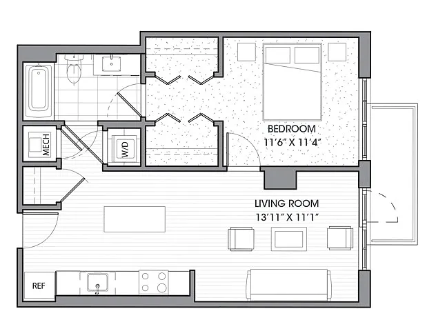 Floor plan One Bedroom One Bath (686 SF)