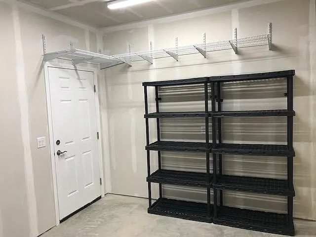 Apartment garage shelving storage.