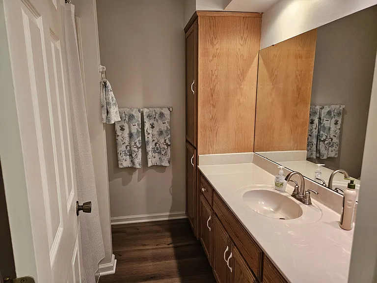 Bathroom vanity and linen closet in bathroom between bedrooms.
