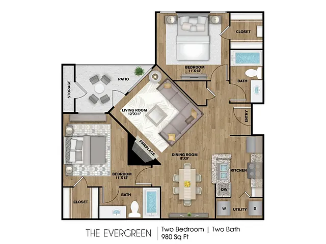 Floor plan 2 Bed, 2 Bath B (140% Income Restricted)
