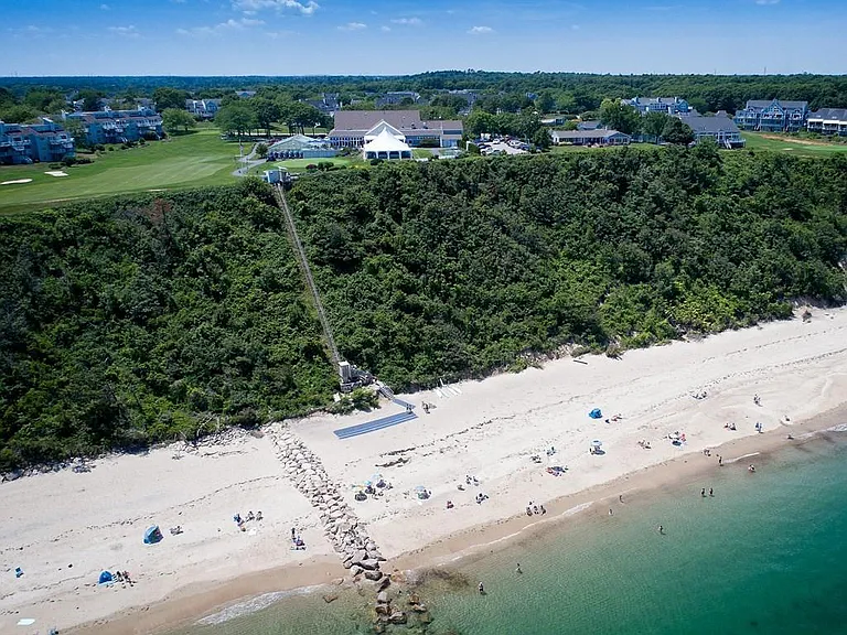 White Cliffs Country Club tram elevator from cliff top to sandy beach on Cape Cod Bay