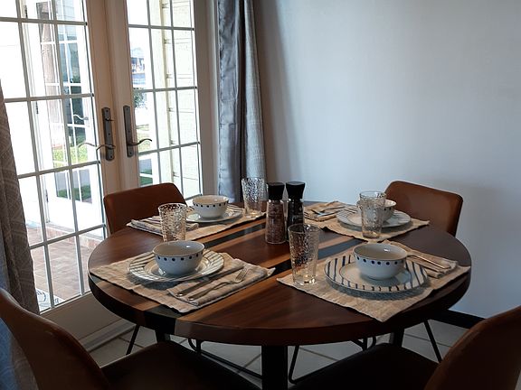 Dining area with water view.