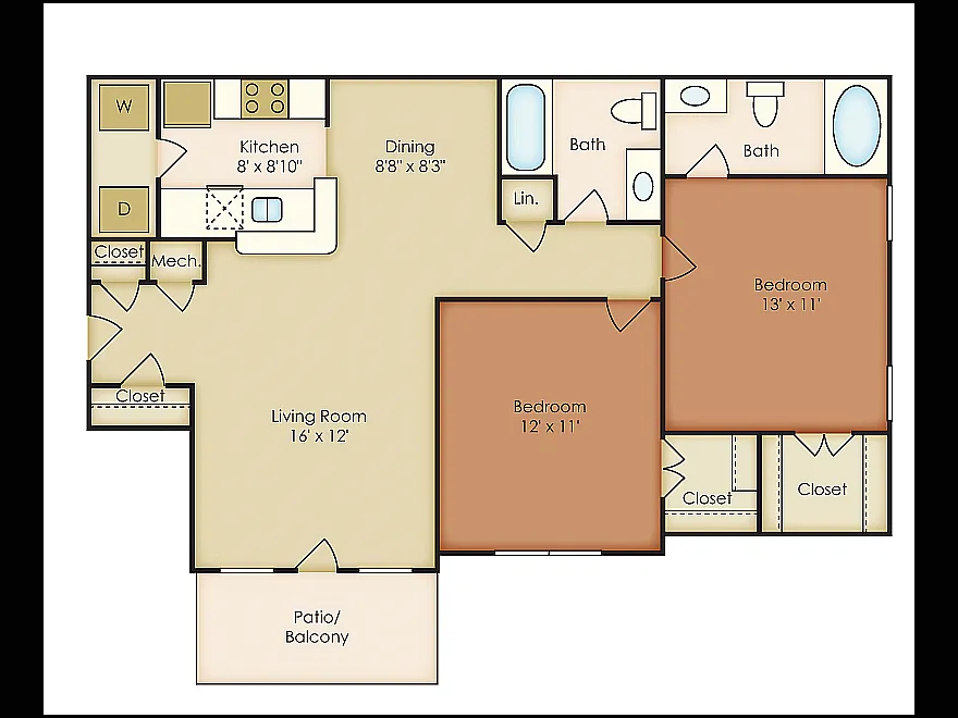 Floor plan 2 Bed, 2 Bath A (80% Income Restricted)