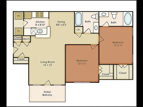 Floor plan 2 Bed, 2 Bath A (80% Income Restricted)