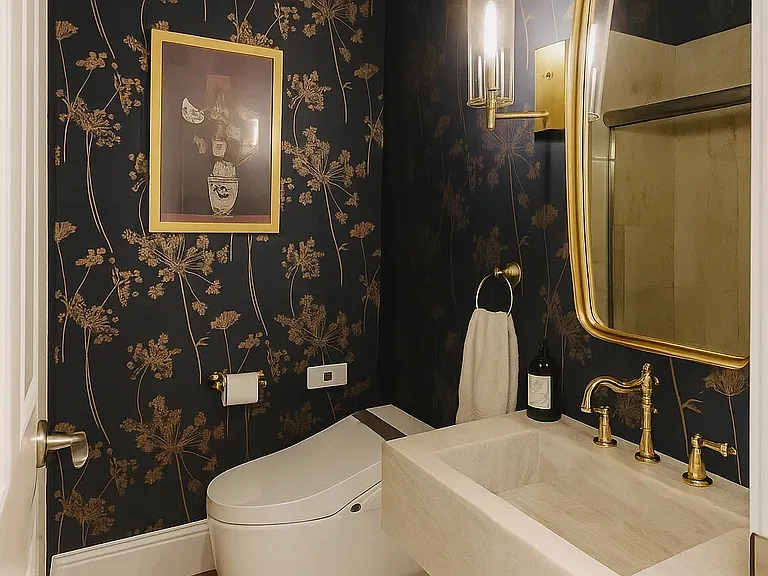 Common area full bathroom with smart "Japanese" toilet and custom built marble floating sink
