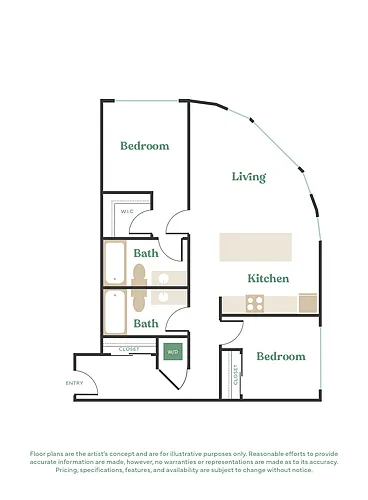 Floor plan 2 Bed, 2 Bath - Apt K