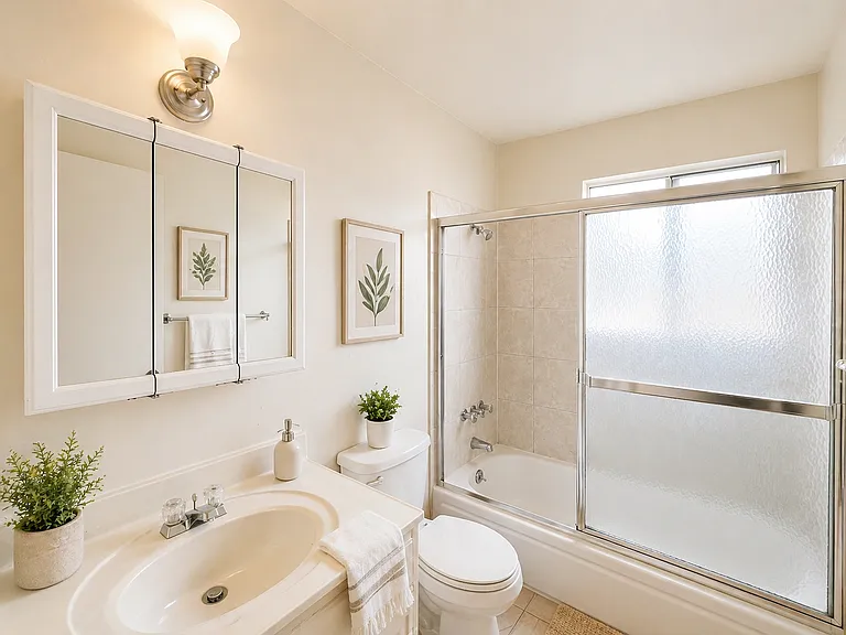 BATHROOM
Clean and bright bathroom with full tub/shower combo and updated lighting.