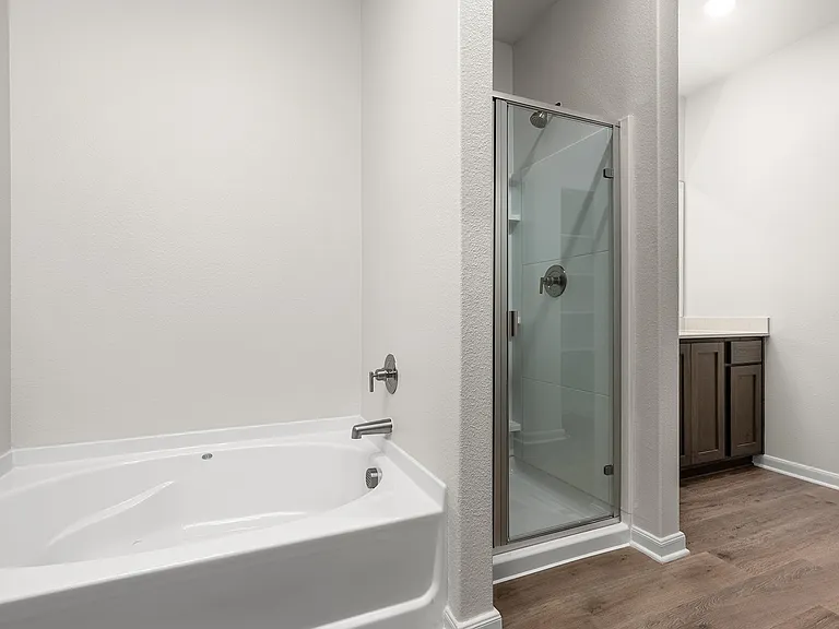 The master bathroom has a garden tub and glass walk-in shower.