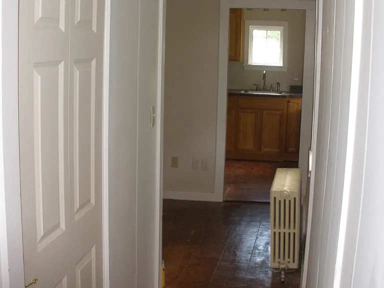 Hallway leading from BR to Kitchen; coat closet on left.